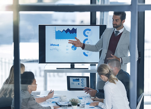 Shot of a businessman discussing charts on a monitor to businesspeople in the boardroom