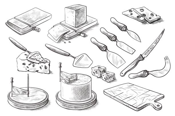 illustrazioni stock, clip art, cartoni animati e icone di tendenza di una serie di coltelli per il formaggio. set vettoriale per il taglio e il servizio del formaggio. - monterey jack il formaggio
