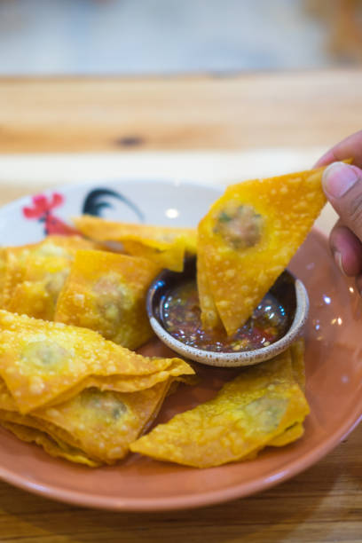 istock Deep fried crispy dumpling strips with spicy sauce on plate, Thai snack food 690492818
