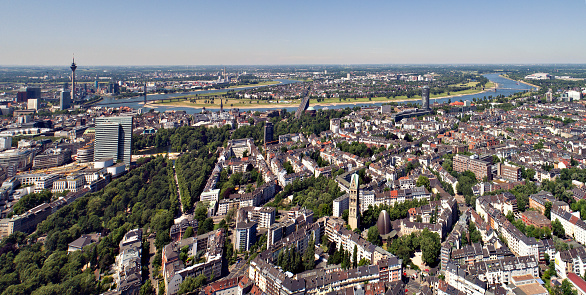 Aerial view of Dusseldorf city center from a distance
