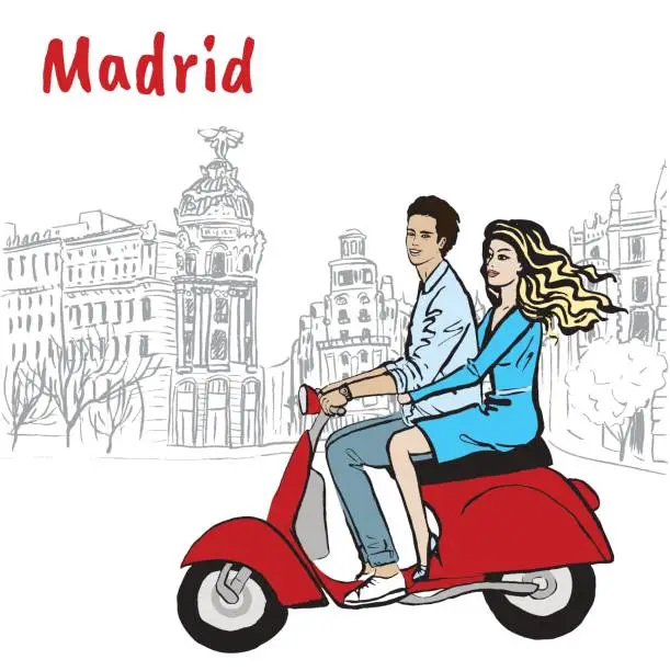 Vector illustration of Man and woman driving scooter