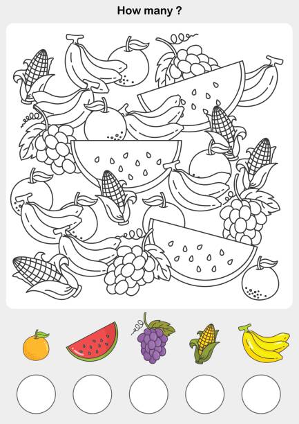 Count and painting color the fruits Count and painting color the fruits - write the number in the circle. sheet stock illustrations
