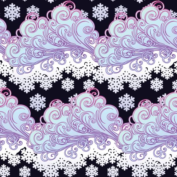 illustrations, cliparts, dessins animés et icônes de conte de fées hiver festif sans couture modèle de style. bouclés nuages ornés avec une chute de flocons. ambiance de noël. palette pastel - seamless pattern meteorology snowflake