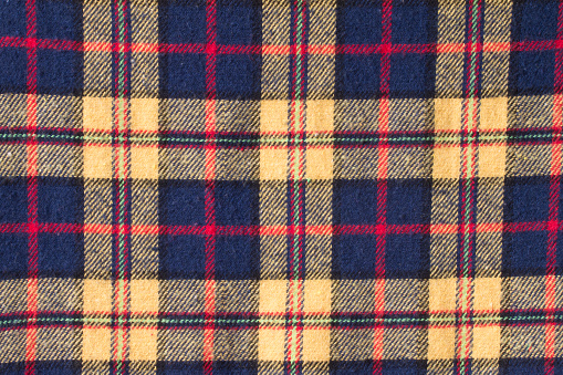 checked pattern fabric, gingham pattern in red, yellow and navy blue yarn.