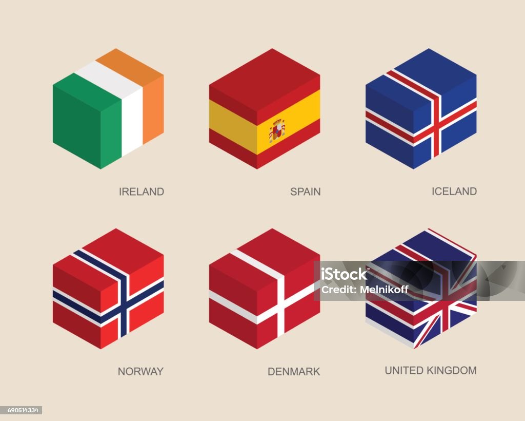 Set of isometric 3d boxes Set of isometric 3d boxes with flags. Simple containers with standards - Denmark, UK (United Kingdom), Spain, Norway, Ireland, Iceland. Geometric icons for infographics. Flag stock vector