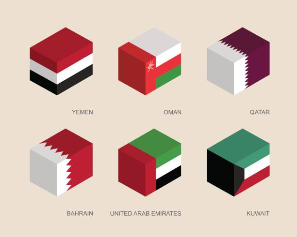Set of isometric 3d boxes Set of isometric 3d boxes with flags of Middle East countries. Simple containers with standards - Yemen, Oman, Qatar, United Arab Emirates (UAE), Kuwait, Bahrain. Geometric icons for infographics. oman cartoon stock illustrations
