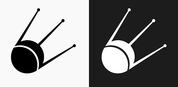 Sputnik Satellite Icon on Black and White Vector Backgrounds. This vector illustration includes two variations of the icon one in black on a light background on the left and another version in white on a dark background positioned on the right. The vector icon is simple yet elegant and can be used in a variety of ways including website or mobile application icon. This royalty free image is 100% vector based and all design elements can be scaled to any size.