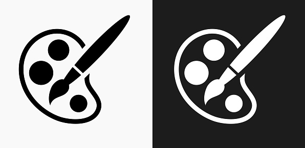 Paint Palette and Brush Icon on Black and White Vector Backgrounds. This vector illustration includes two variations of the icon one in black on a light background on the left and another version in white on a dark background positioned on the right. The vector icon is simple yet elegant and can be used in a variety of ways including website or mobile application icon. This royalty free image is 100% vector based and all design elements can be scaled to any size.