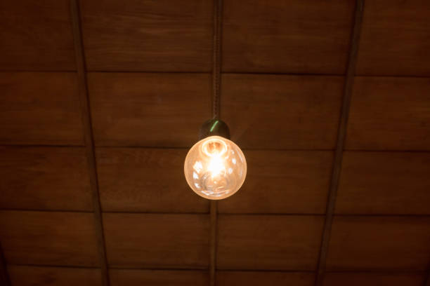 istock Old light bulb and wooden ceiling in Japanese house 690518274
