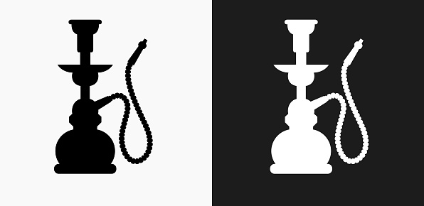 Hookah Icon on Black and White Vector Backgrounds. This vector illustration includes two variations of the icon one in black on a light background on the left and another version in white on a dark background positioned on the right. The vector icon is simple yet elegant and can be used in a variety of ways including website or mobile application icon. This royalty free image is 100% vector based and all design elements can be scaled to any size.