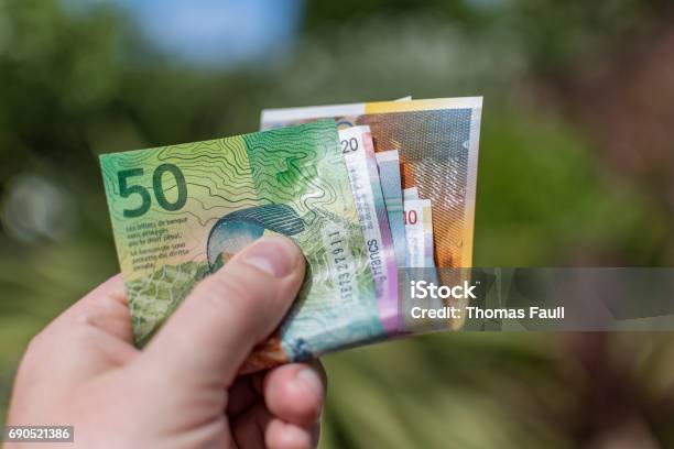 Swiss Francs Paper Currency Outdoors Stock Photo - Download Image Now - Swiss Currency, Swiss Francs, Currency