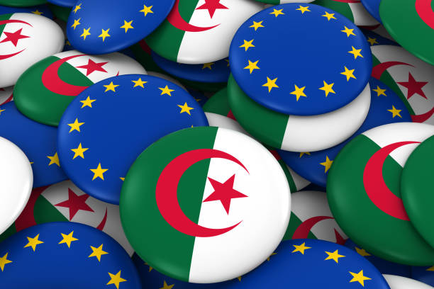 argélia e europa emblemas fundo - pilha de bandeira da argélia e europeu botões 3d ilustração - algerian currency - fotografias e filmes do acervo