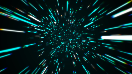 Abstract of warp or hyperspace motion in blue star trail. Exploding and expanding movement. Illustration