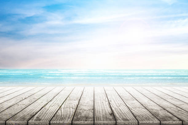 istock old wood table top on blurred beach background. 690529840