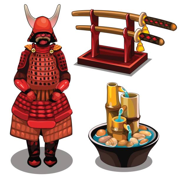 illustrazioni stock, clip art, cartoni animati e icone di tendenza di samurai, katana in stand e fontana decorativa - bamboo fountain illustrations