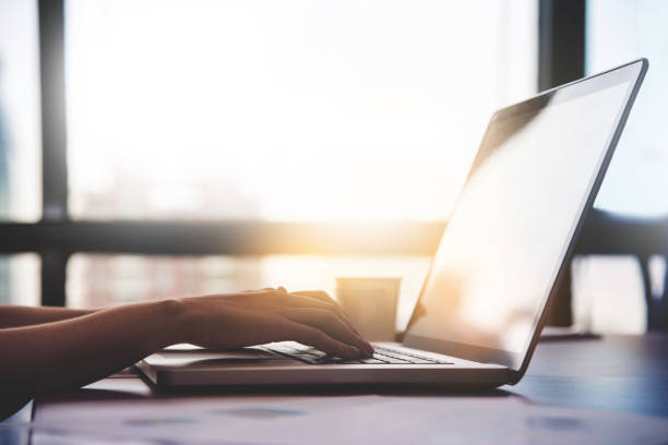istock Close up woman hands using laptop for her work on sunlight background at the office. Overtime. 690548310