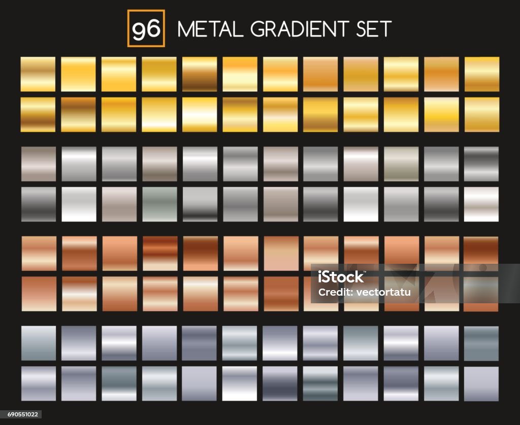 Metal gradient collection Metal gradient collection. Shiny gold and silver, bronze and aluminum, roseate texture gradients with reflexions. Vector illustration Gold - Metal stock vector