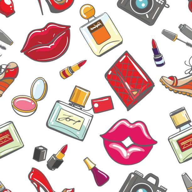 Paris fashion scrapbook seamless pattern Paris fashion scrapbook seamless pattern. Vector vintage fashionable sketch background with perfume and lipstick, lips and handbag paris red lips stock illustrations