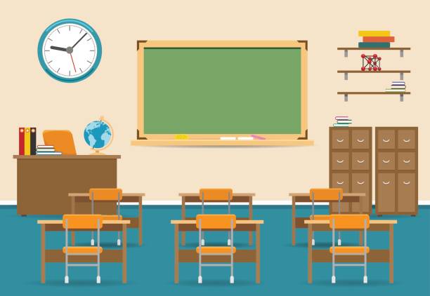 ilustrações de stock, clip art, desenhos animados e ícones de empty classroom interior with blackboard - quadro negro ilustrações