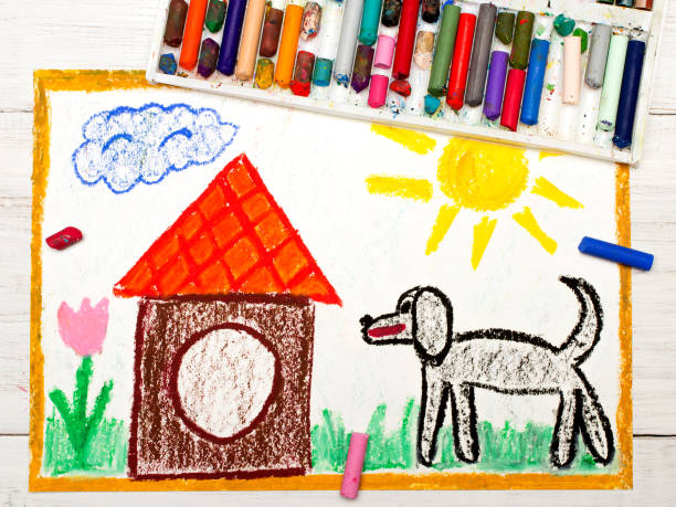 istock Colorful drawing: black big dog and doghouse 690552030