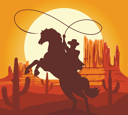 Western cowboys silhouette vector illustration. Wild west america scene with cartoon cowboy on horse in desert with mountains