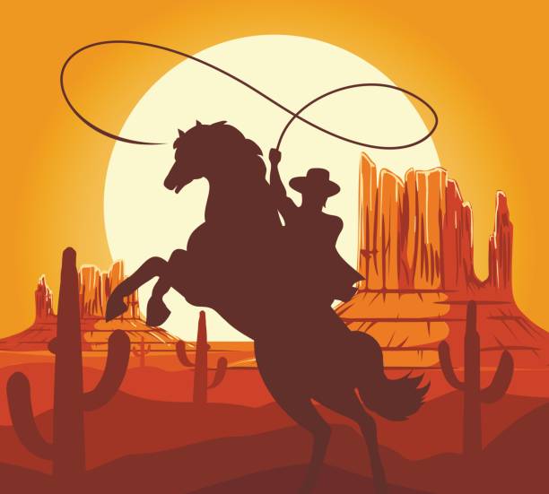 Western cowboys silhouette in desert Western cowboys silhouette vector illustration. Wild west america scene with cartoon cowboy on horse in desert with mountains texas illustrations stock illustrations