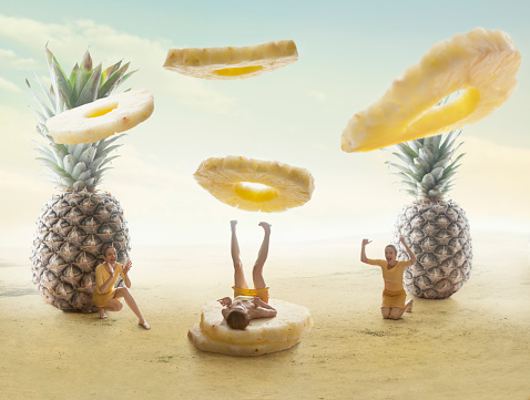 Photo compilation of young woman juggling slices of ananas.