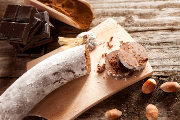 istock Sliced chocolate salami on cutting board 690572668