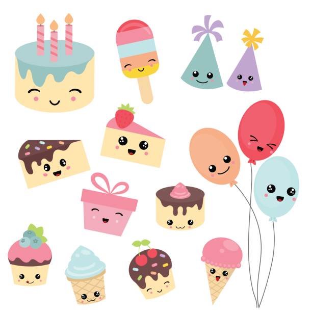 Happy birthday icons set Set of birthday icons on white background. Party and celebration design elements. Set with birthday cake, balloons, gift and festive attributes. Cute cartoon characters. good job emoji stock illustrations