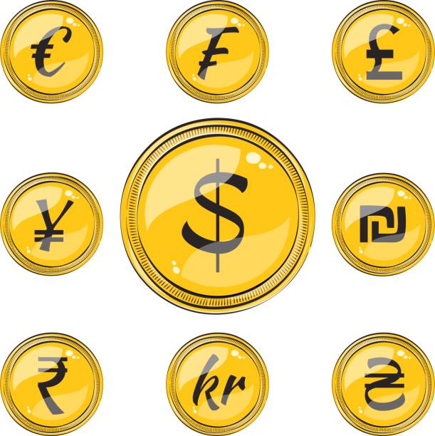 flache münzen mit währungssymbole - swiss currency dollar sign exchange rate symbol stock-grafiken, -clipart, -cartoons und -symbole