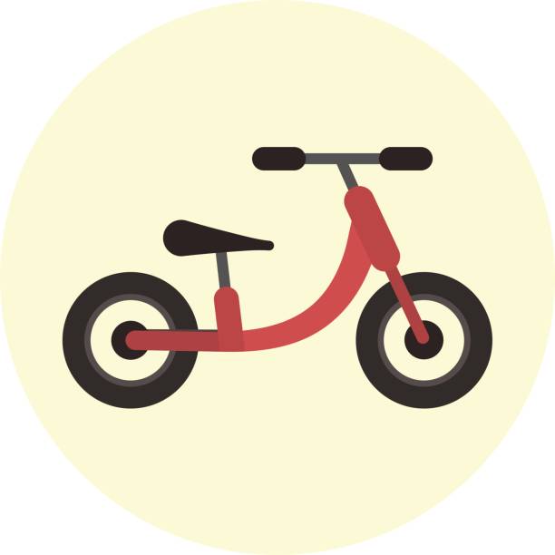 Flat red kids balance bike icon Flat red kids balance bike icon, children run bike symbol extreem weer stock illustrations