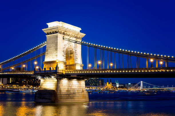 istock Illuminated view of Chain Bridge, Elizabeth Bridge and Liberty Bridge in Budapest at night 690593726
