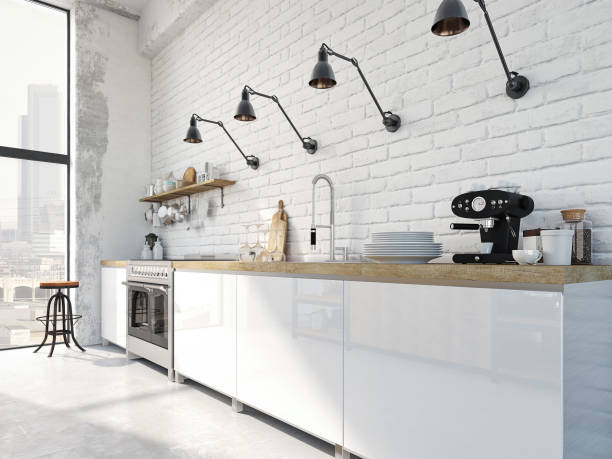 istock modern nordic kitchen in loft apartment. 3D rendering 690593826