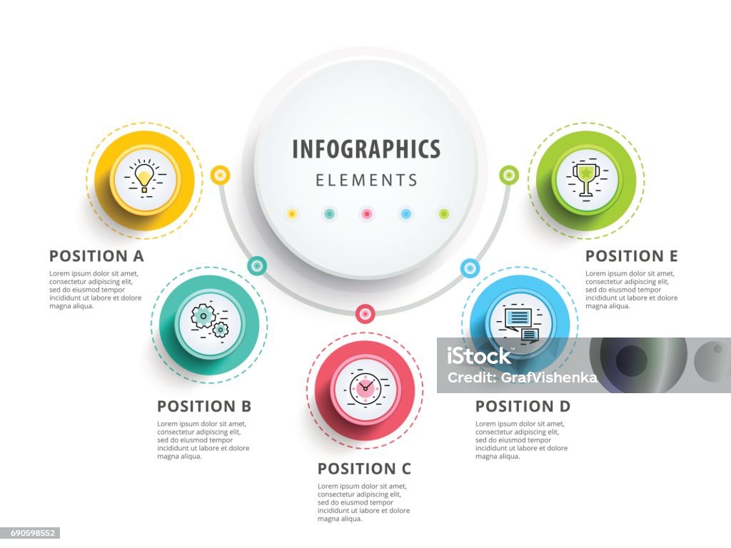 Circle infographics elements design. Abstract business workflow Circle infographics elements design. Abstract business workflow presentation with linear icons. 5 step on timeline or job options in 3D style. Best for commercial slideshow or website landing interface. Infographic stock vector