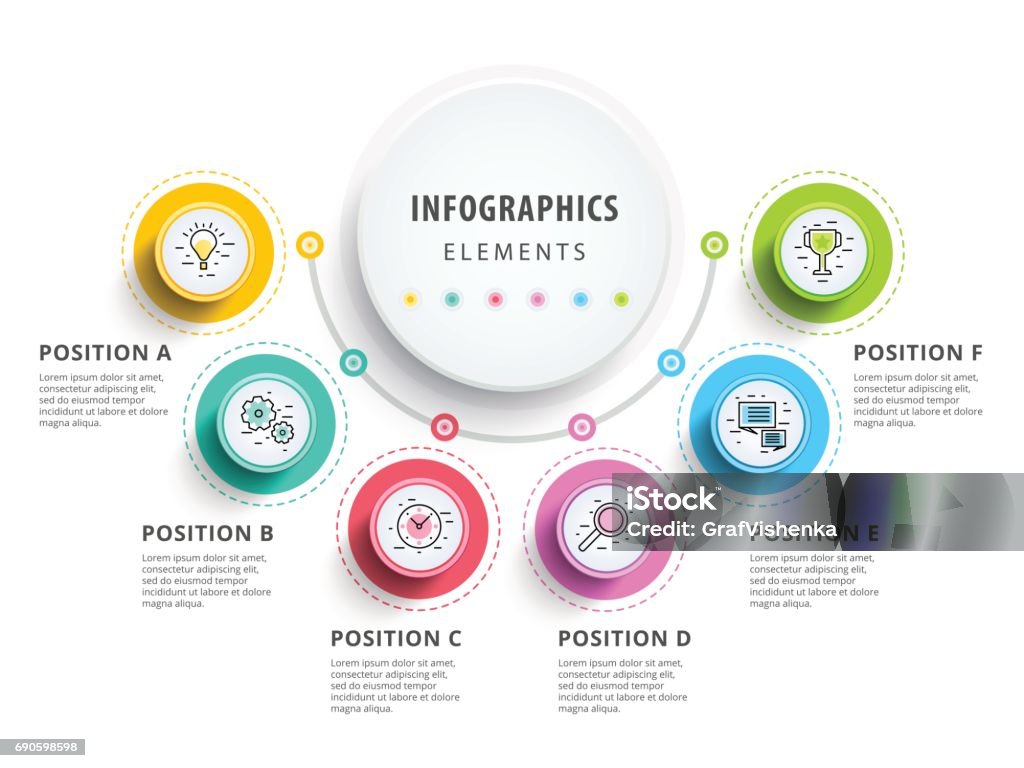 Circle infographics elements design. Abstract business workflow Circle infographics elements design. Abstract business workflow presentation with linear icons. 6 step on timeline or job options in 3D style. Best for commercial slideshow or website landing interface. Infographic stock vector