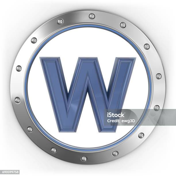 Letter W On The Metal Button Stock Photo - Download Image Now - Letter W, Alphabet, Blue
