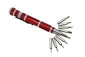 Small red metallic screwdriver with bits