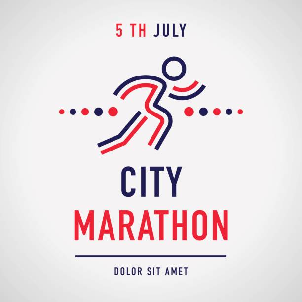 running-man copy Cool concept for city marathon announcement, advertisement, poster or emblem. Running character with the business text. Vector design. marathon icons stock illustrations