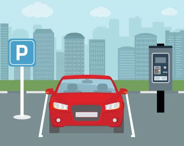 Vector illustration of Parking place with one car and ticket machine.