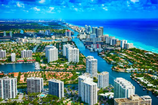 Aerial view of the city of Hallandale Beach located in Broward County Florida.