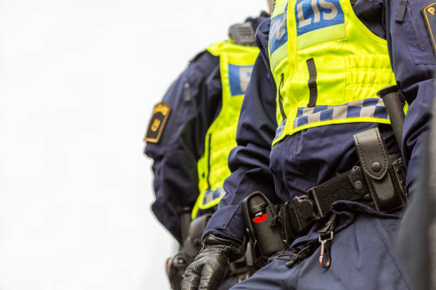 Two police officers, close up of upper body with vest and equipment belt. stock photo