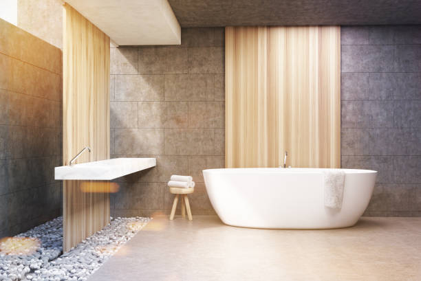 istock Gray bathroom, white tub, front, toned 690626692