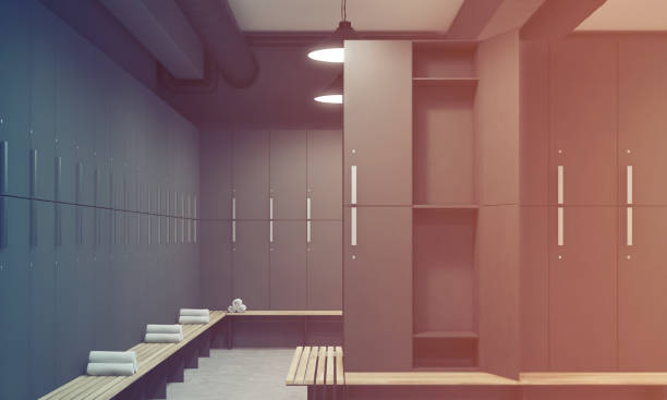 istock Gray locker room with open door, toned 690627278