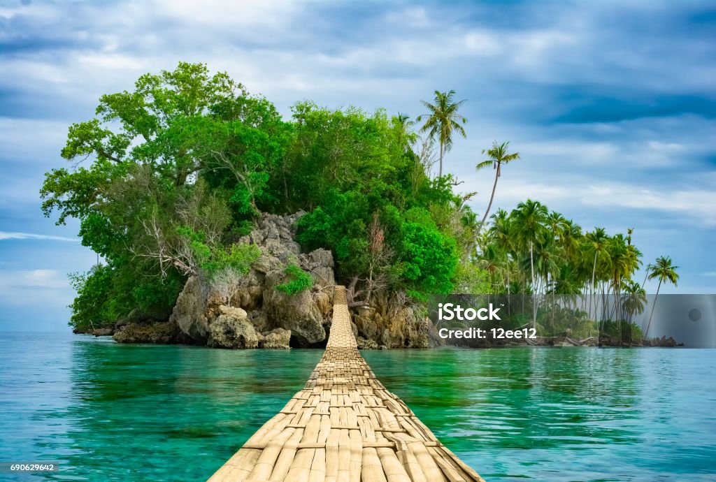 Bamboo hanging bridge over sea to tropical island Bamboo pedestrian hanging bridge over sea to remote desert island. Beautiful tropical landscape. Travel lifestyle. Wild nature vacations. Adventure ecotourism concept. Way to Paradise. Exotic scenery Island Stock Photo