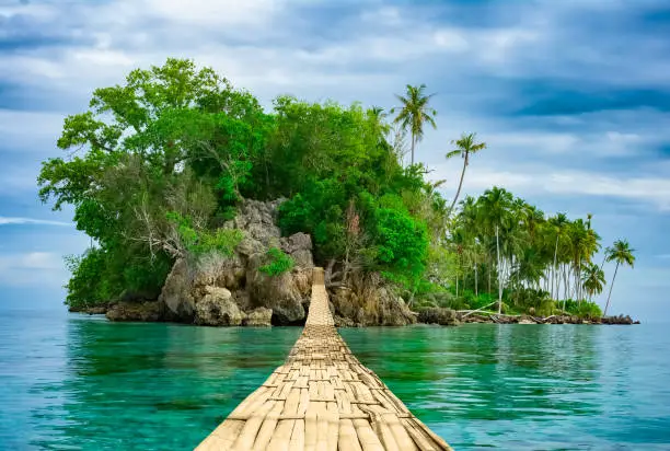 Photo of Bamboo hanging bridge over sea to tropical island