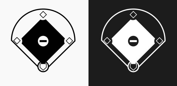 ilustraciones, imágenes clip art, dibujos animados e iconos de stock de icono del campo de béisbol en blanco y negro vector fondos - campo de béisbol