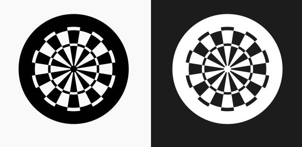 ilustrações de stock, clip art, desenhos animados e ícones de dartboard icon on black and white vector backgrounds - darts