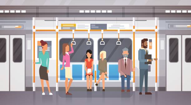ilustrações de stock, clip art, desenhos animados e ícones de people passangers in subway car modern city public transport, underground tram - rush