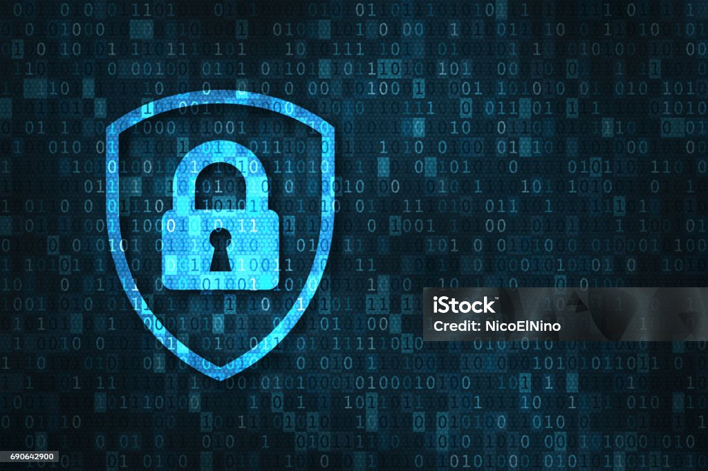 Cybersecurity and data privacy protection concept, lock, binary digits background Cyber security and data privacy protection concept with icon of a shield and lock over binary digits background Network Security Stock Photo