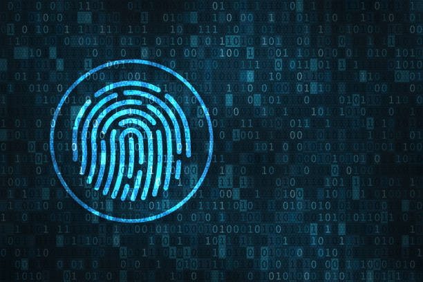 デジタル指紋セキュリティ概念、2 進数字の背景 - fingerprint security system technology forensic science ストックフォトと画像